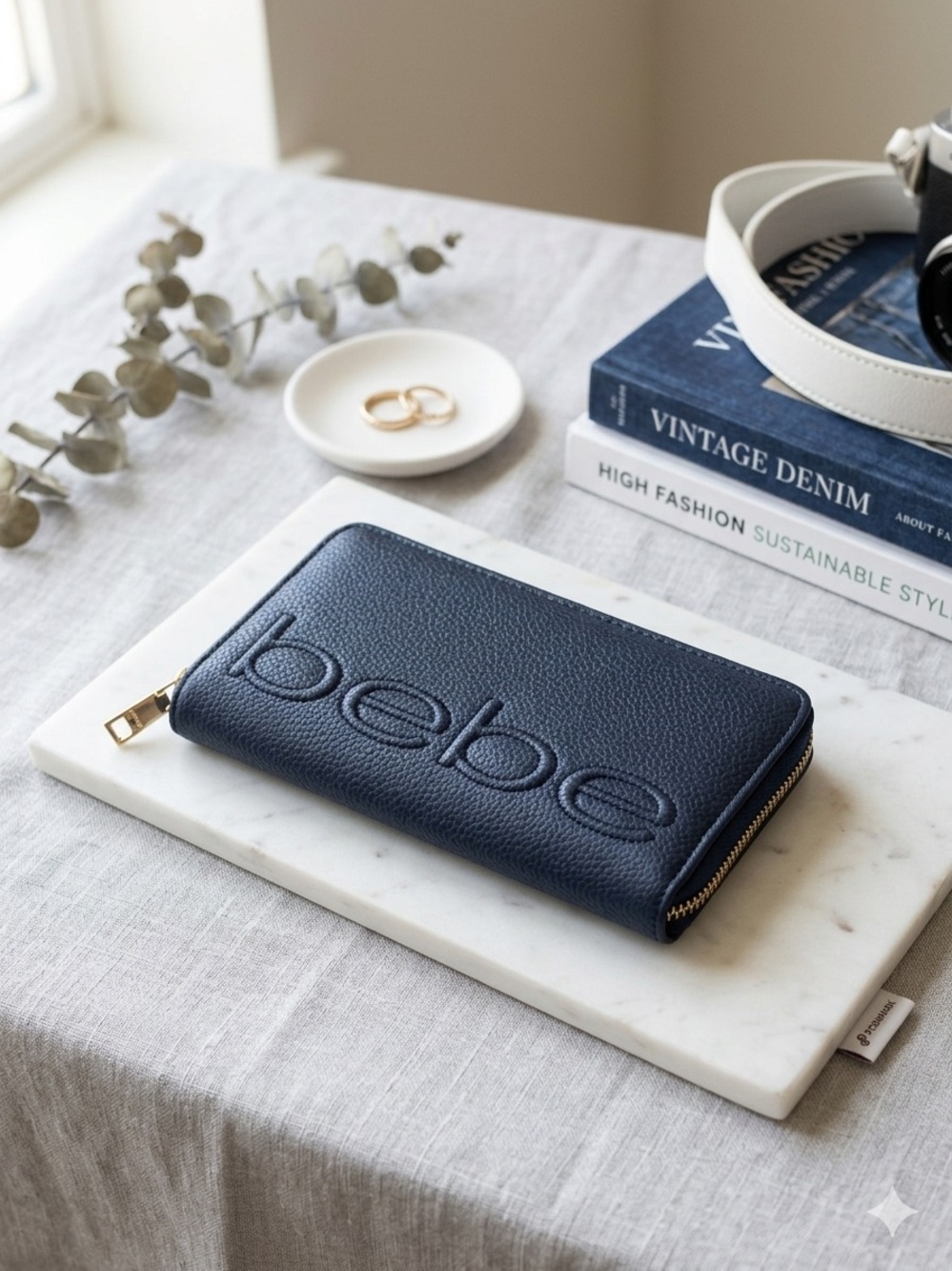 bebe Navy Blue Zip Around Wallet Gold Hardware Pebbled Accordion Continental